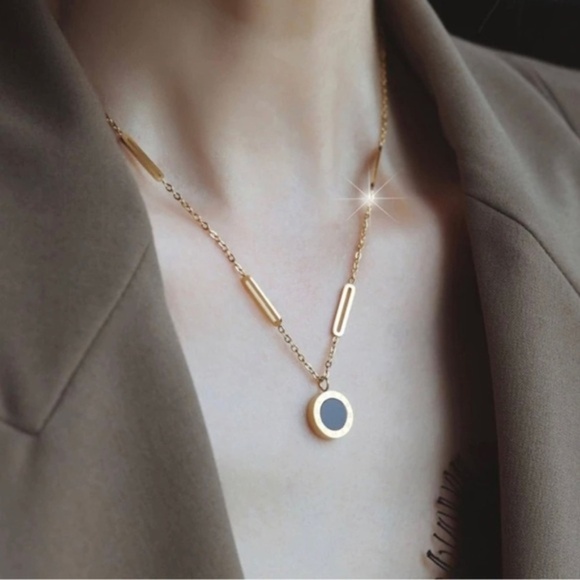 Jewelry - Gold Plated Stainless Steel Round Double Sided Pendant Necklace
